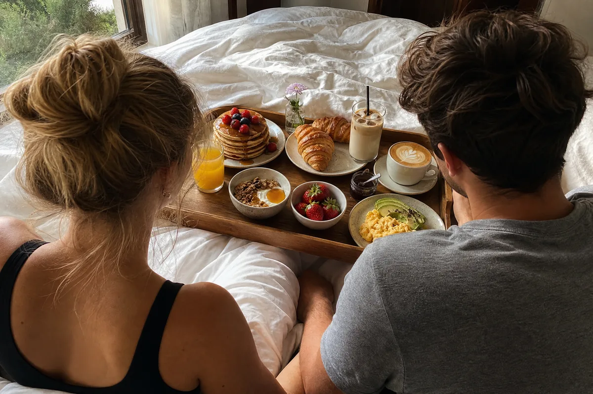 The two of them in bed, leaning over a loaded breakfast tray: pancakes, eggs, croissants, a cappuccino, an iced latte and juice.