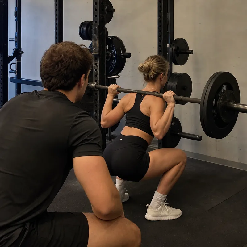 A woman squatting with a barbell in a quiet gym.