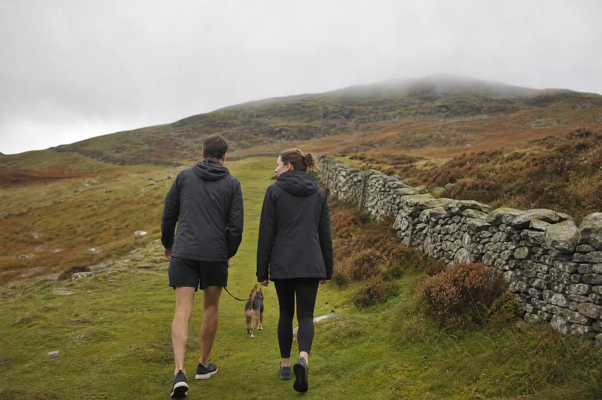 Two people walking up a hill path by a dry-stone wall with their dog.