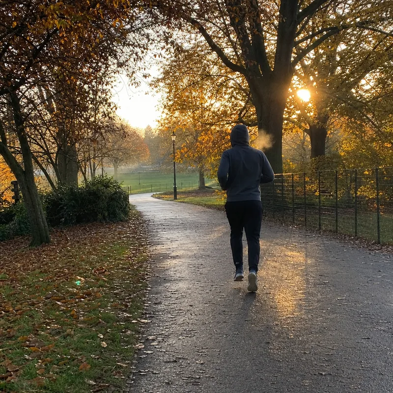 A man running along a wet park path under autumn trees.