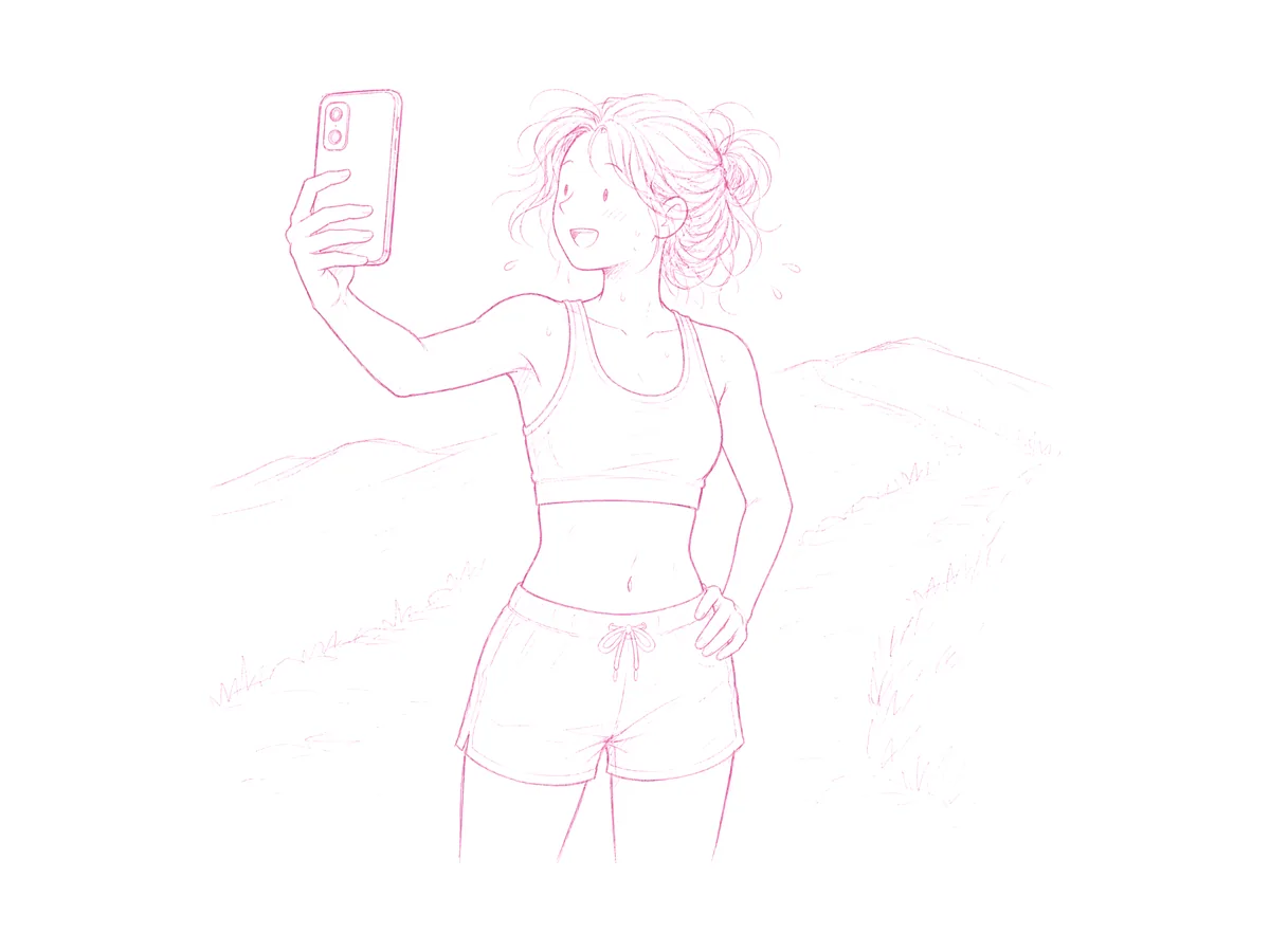 She has just finished a run on a hill and takes a photo of herself on her phone.