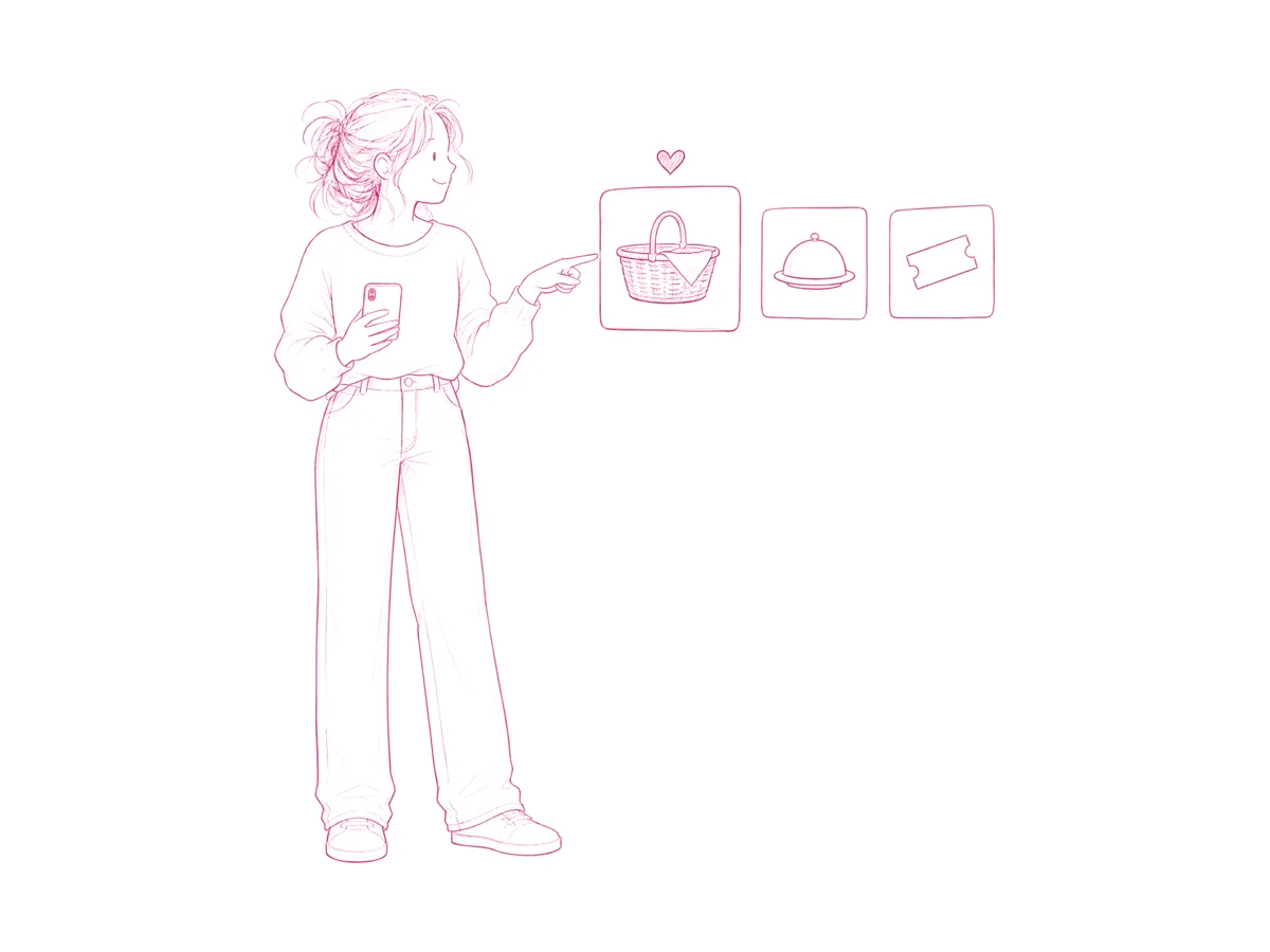 She picks a picnic from three rewards on her phone.