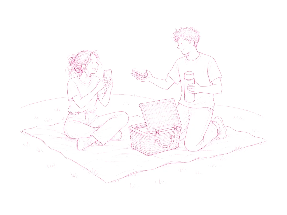 He unpacks the picnic on a hill while she takes a photo of it.