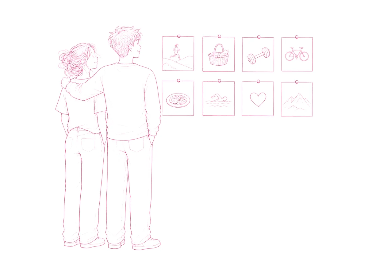 The two of them look at a wall of their photos together.